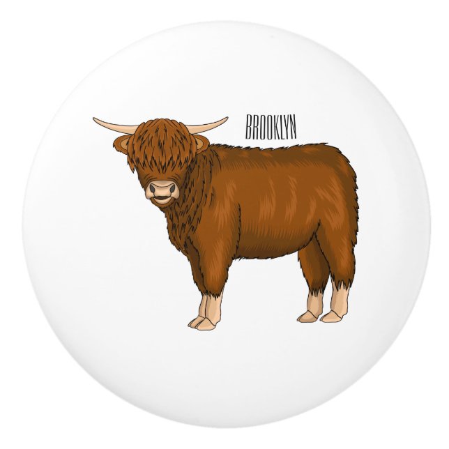 Pomo De Cerámica Ilustracion personalizado de vaca de Highland (Anverso)