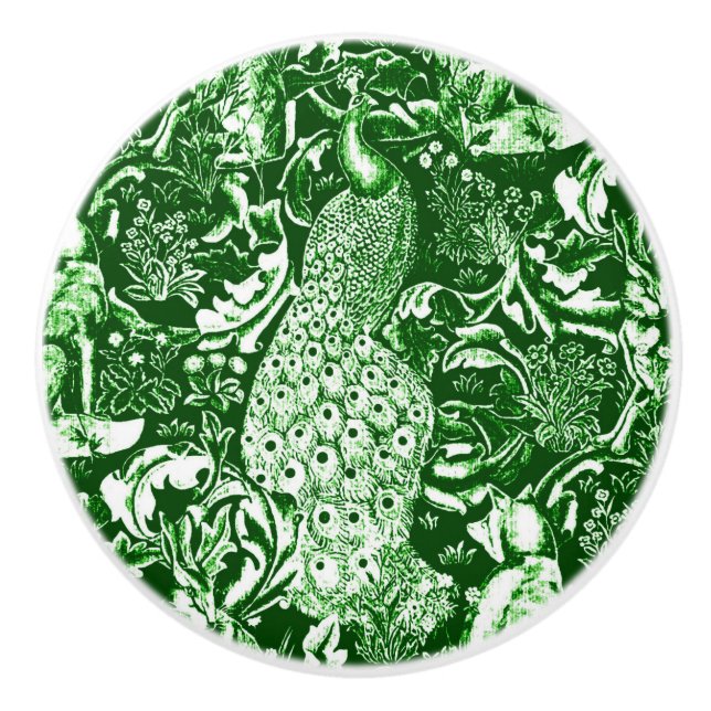 Pomo De Cerámica Impresión de pavo real Art Nouveau, verde forestal (Anverso)