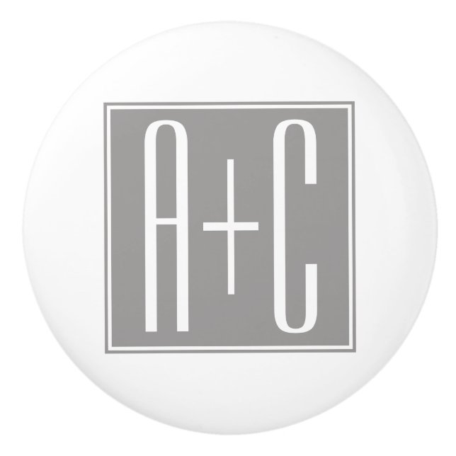 Pomo De Cerámica Iniciales de parejas modificables | Blanco y gris (Anverso)