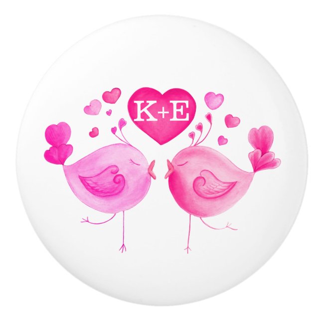 Pomo De Cerámica Iniciales del arte de los pájaros del amor de la (Anverso)