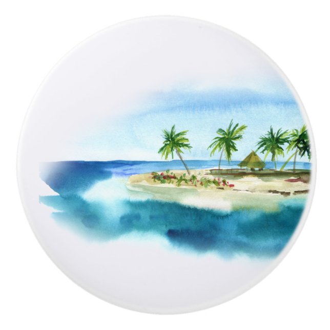Pomo De Cerámica Isla Tropical Sencilla Palm Tree Watercolor  (Anverso)