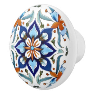 Pomo De Cerámica Iznik Naranja tradicional turco Flor azul rojo