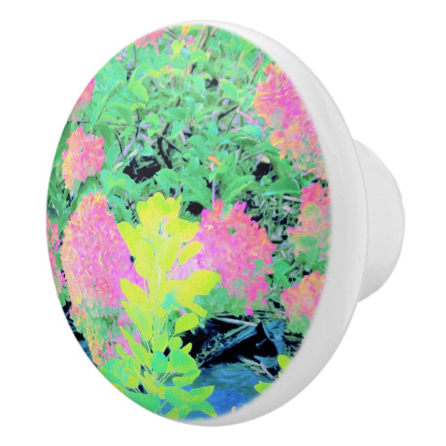 Pomo De Cerámica Jardín de hidrangea rosada con oliva amarilla (Derecha)