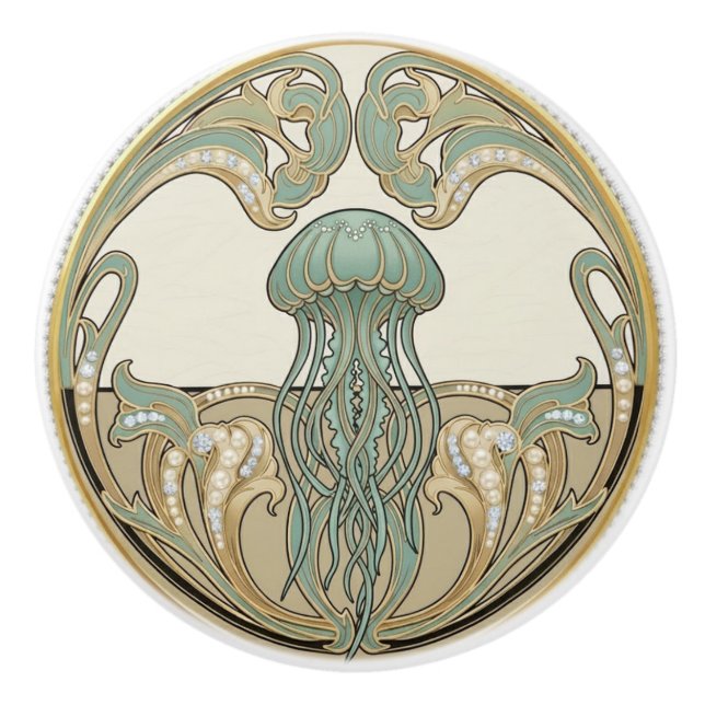 Pomo De Cerámica Jellyfish Green Cream & Gold Art Deco Nouveau (Anverso)