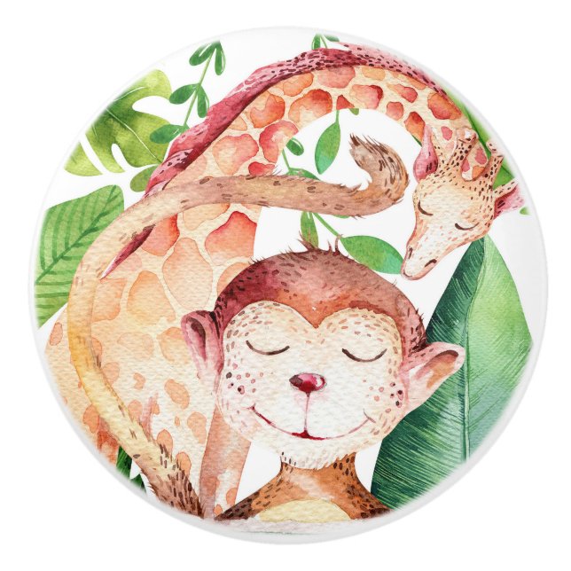 Pomo De Cerámica Jungla Mono y jirafa Safari Dormitorio Guardería (Anverso)