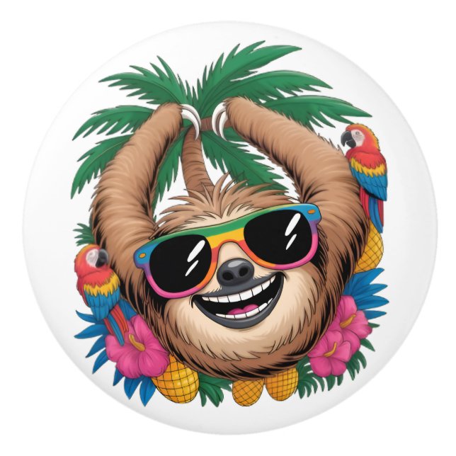 Pomo De Cerámica Kawaii Tropical Sloth – Cute Summer Vibes Rainbow  (Anverso)