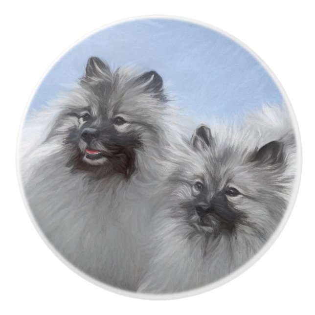 Pomo De Cerámica Keeshond Pair de Kees pintura animal original (Anverso)
