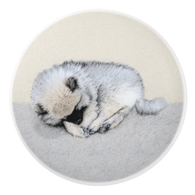 Pomo De Cerámica Keeshond Sleeping Pinting Pintura Original De Perr (Anverso)