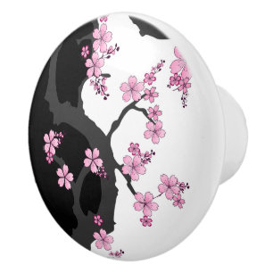 Pomo De Cerámica Kimono japonés Sakura negro y rosa blanco