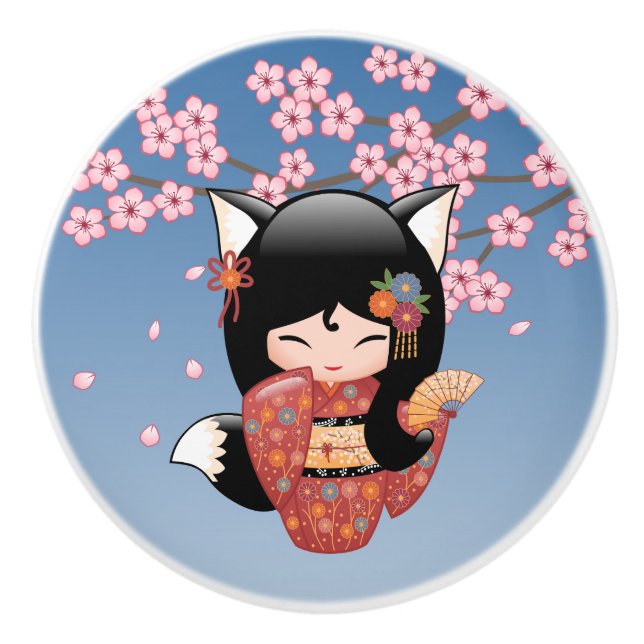 Pomo De Cerámica Kitsune Kokeshi Doll - Chica negro Fox Geisha (Anverso)