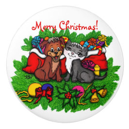 Pomo De Cerámica Kitty and Puppy , Happy XMas