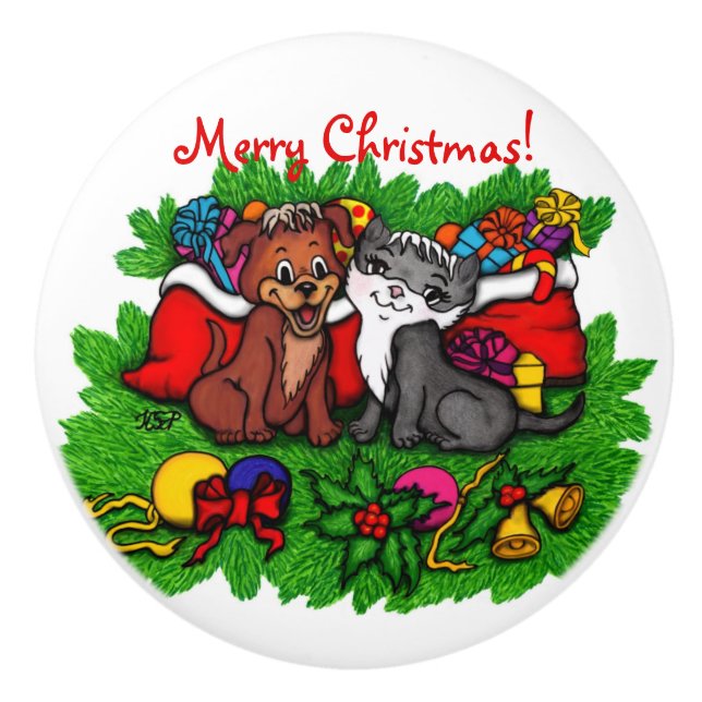 Pomo De Cerámica Kitty and Puppy , Happy XMas (Anverso)