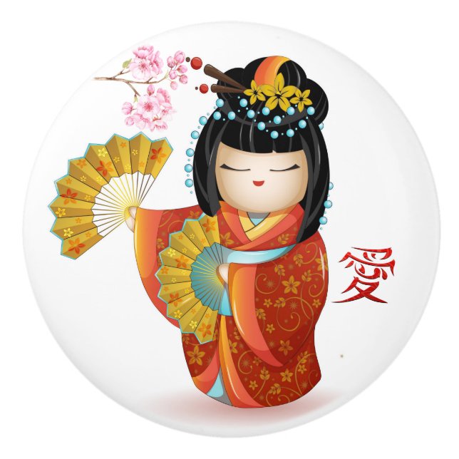 Pomo De Cerámica Kokeshi Amo a la Muñeca Japonesa Knob Cerámico (Anverso)