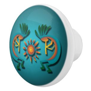 Pomo De Cerámica Kokopelli Sun Southwest Turquoise Door Knob