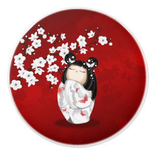 Pomo De Cerámica La muñeca Kokeshi color rojo blanco cerezo florec