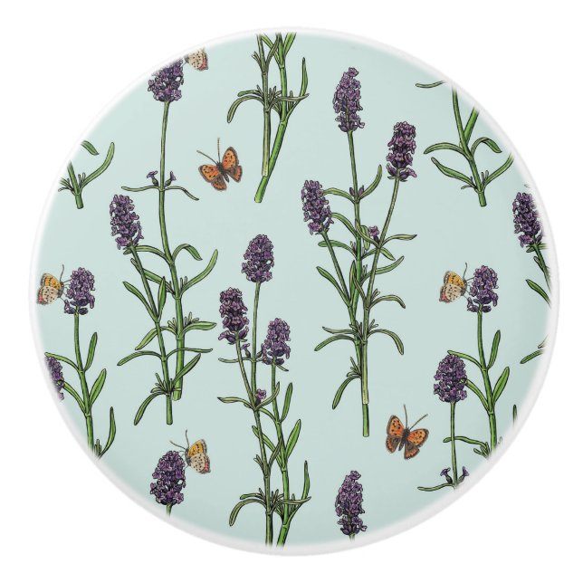 Pomo De Cerámica Lavanda y mariposas en vidrio marino (Anverso)