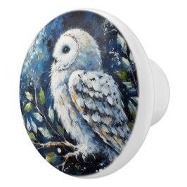 Pomo De Cerámica Lechuza blanca en rama con pintura lunar