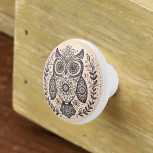 Pomo De Cerámica Lechuza de Arte Folclórico Nórdico Beige Negro