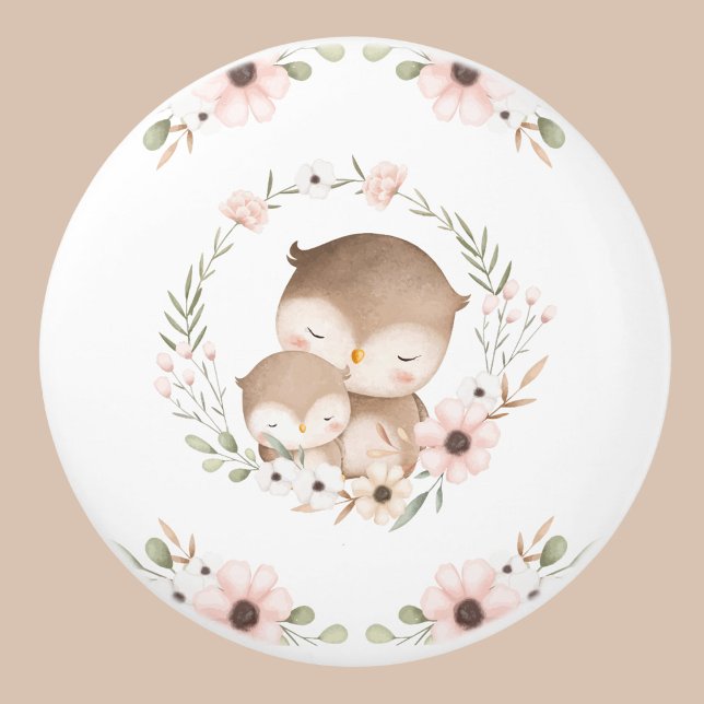 Pomo De Cerámica Lechuza de Nursery Beige Rosada Floral (Subido por el creador)