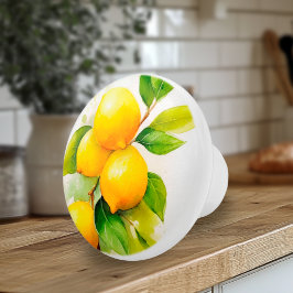 Pomo De Cerámica Lemones acuarelas y hojas verdes