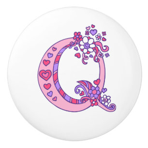 Pomo De Cerámica Letra decorativa Q monograma púrpura rosa púrpura