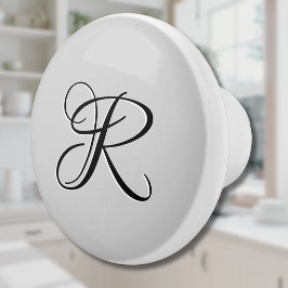 Pomo De Cerámica Letra inicial de caligrafía 3D negra | Gris pastel