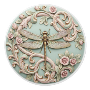 Pomo De Cerámica Libélula Vintage Rosas Rosadas Floral Victoriano