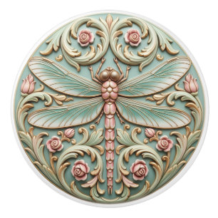 Pomo De Cerámica Libélula Vintage Rosas Rosadas Floral Victoriano