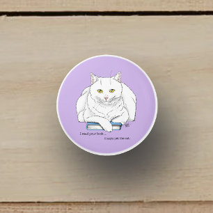 Pomo De Cerámica Libro divertido de gato blanco leyendo Humor Púrpu