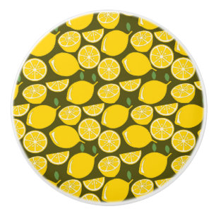 Pomo De Cerámica Limones Amarillos y Patrón Verde Oliva: Citrus Mod