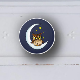 Pomo De Cerámica Lindo búho marrón Luna creciente Estrellas Azul