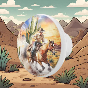 Pomo De Cerámica lindo caballo de cactus del desierto montando vaqu