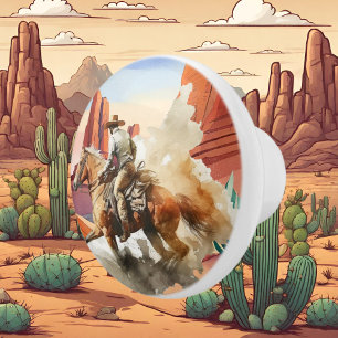 Pomo De Cerámica lindo caballo de cactus del desierto montando vaqu