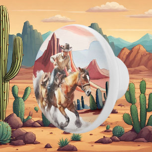 Pomo De Cerámica lindo caballo de cactus del desierto montando vaqu