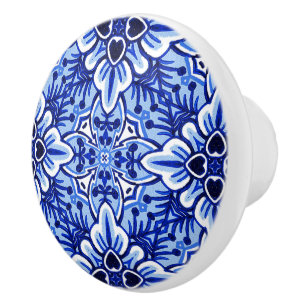 Pomo De Cerámica Lindo patrón floral vintage holandés Delft azul