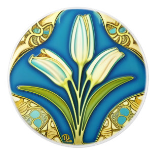 Pomo De Cerámica Lirio estilo Art Nouveau blanco