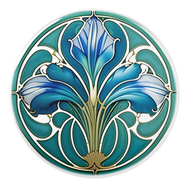 Pomo De Cerámica Lirio estilo azul Art Nouveau 2 (Anverso)