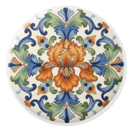 Pomo De Cerámica Lirios ornamentados flor azul naranja verde