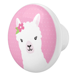 Pomo De Cerámica Llama floral alpaca rosada
