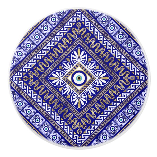 Pomo De Cerámica Llave de lucioperca griega y adorno de ojos malvad (Anverso)