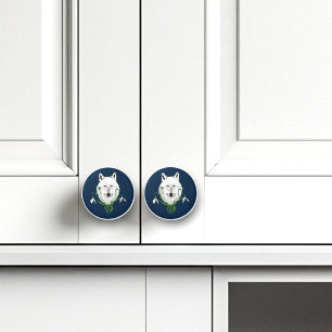 Pomo De Cerámica Lobo Ártico Blanco Místico Invierno Snowdrop Azul