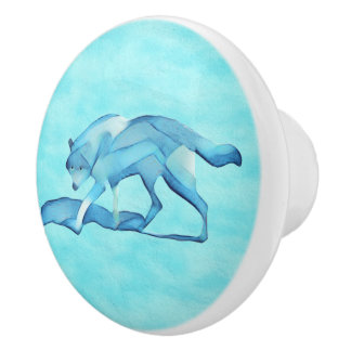 Pomo De Cerámica Lobo Azul En La Nieve