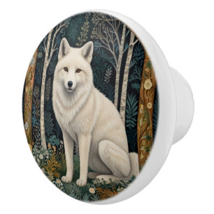 Pomo De Cerámica Lobo blanco vintage boho bosque forestal