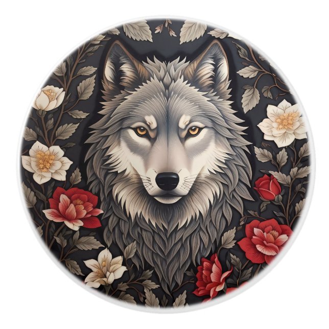 Pomo De Cerámica Lobo Gris Floral Elegante (Anverso)