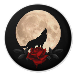 Pomo De Cerámica Lobo Y Luna De Lomo De Rosas Rojas Sangrantes
