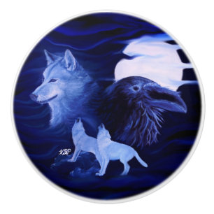 Pomo De Cerámica Lobos y Raven con luna llena