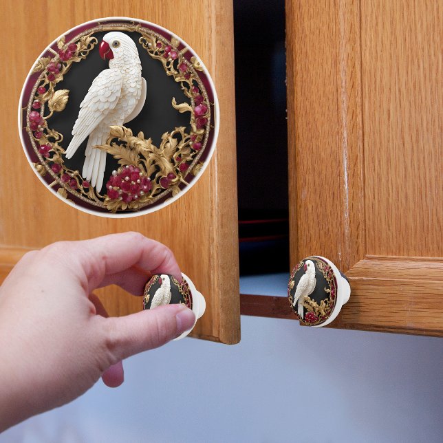 Pomo De Cerámica Loro blanco con oro y rubí (Subido por el creador)