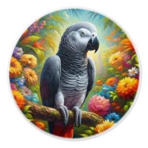 Pomo De Cerámica Loro gris africano con flores de colores