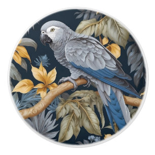 Pomo De Cerámica Loro Gris Africano Hojas Tropicales