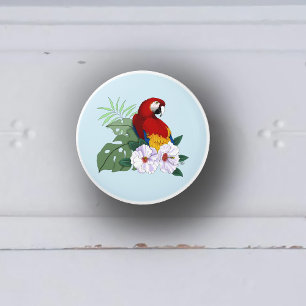 Pomo De Cerámica Loro Guacamayo Rojo Floral Hibisco Tropical Blanco